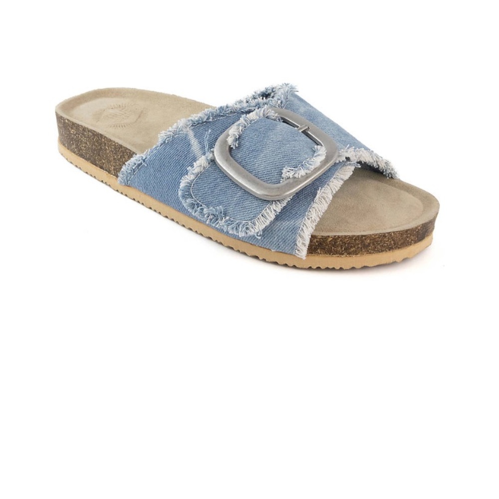 Thick strap with buckle accent denim Medium Width Sandal Open Toe Fabric